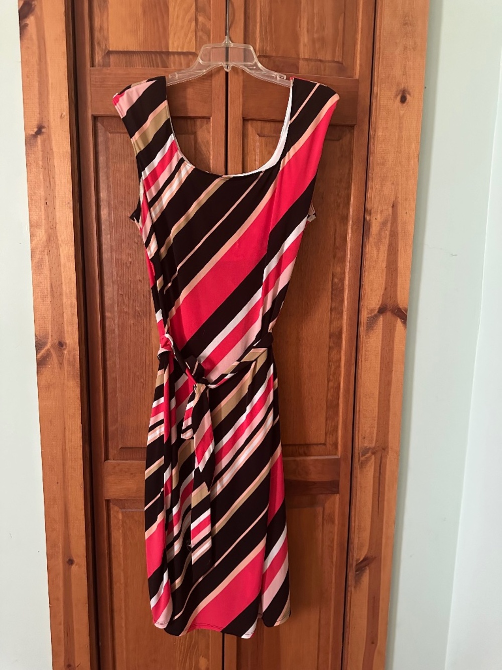 Colorful bias striped midi shift dress with belted waist